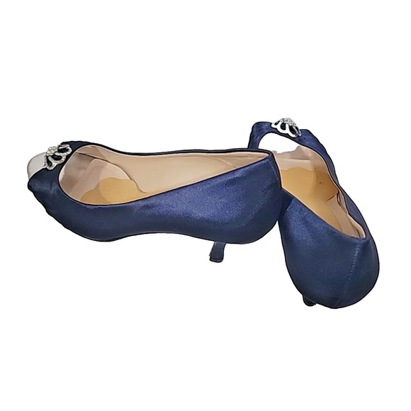 Erijunor Navy Blue Satin Peep-Toe Heels With Rhinestones Size 11B0 - Picture 7 of 14
